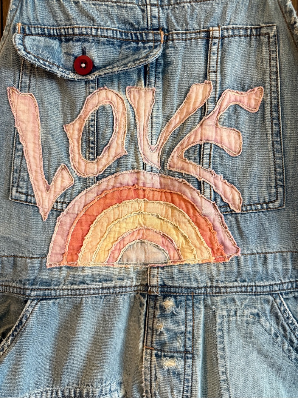 Magnolia Pearl Denim Overalls with Pastel Love & Rainbow Appliqué - Picture 2 of 5